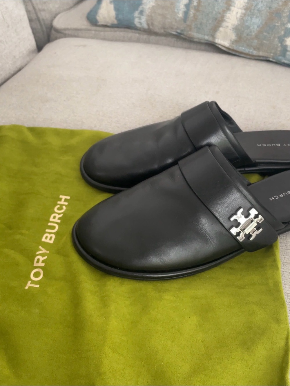 Tory Burch Black Leather Logo Backless Loafers / Mules / Clogs